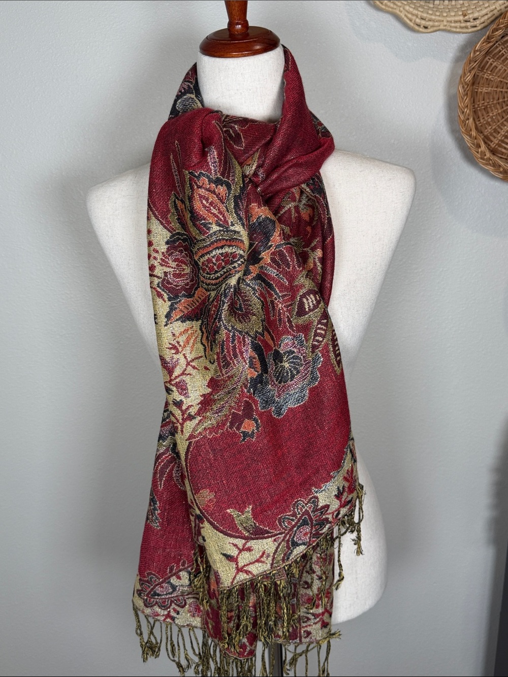 Pashmina Silk Scarf Red Gold Floral Print with Tassels Fringe